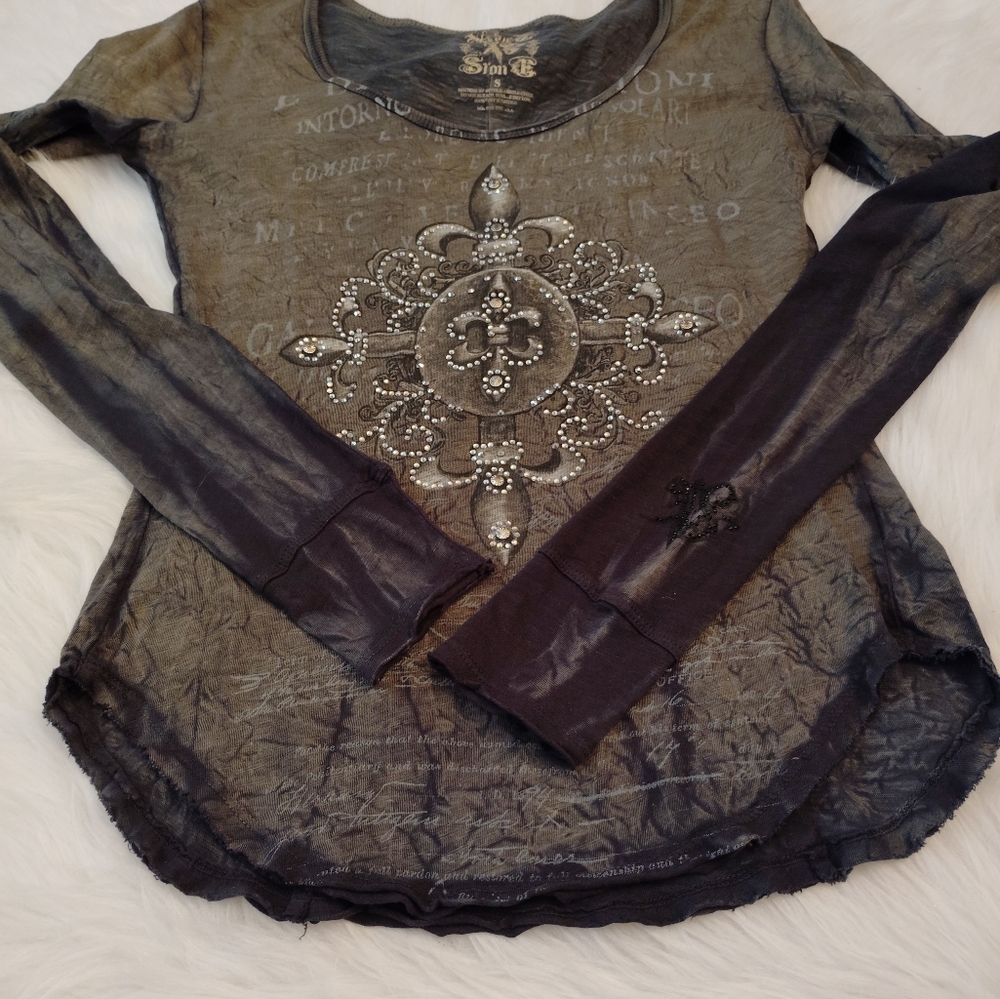 Y2K VELVET STONE ACID WASH TOP LONG SLEEVE EMBELLISHED FLEUR DE LIS BLING SMALL - Picture 9 of 10